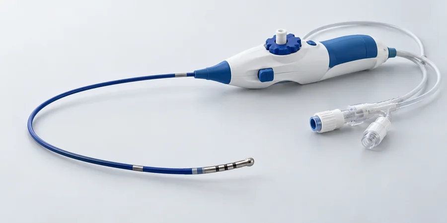 White-and-blue handheld device beside an open assembly showing its spring