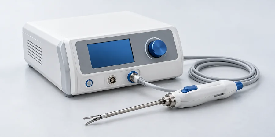 Metal mesh tube beside a long curved catheter
