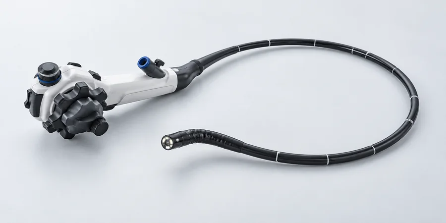 Metal mesh tube beside a long curved catheter